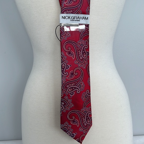 Necktie & Clip Set Nick Graham Handmade Mens Red Blue Paisley Neck Tie - Picture 6 of 11